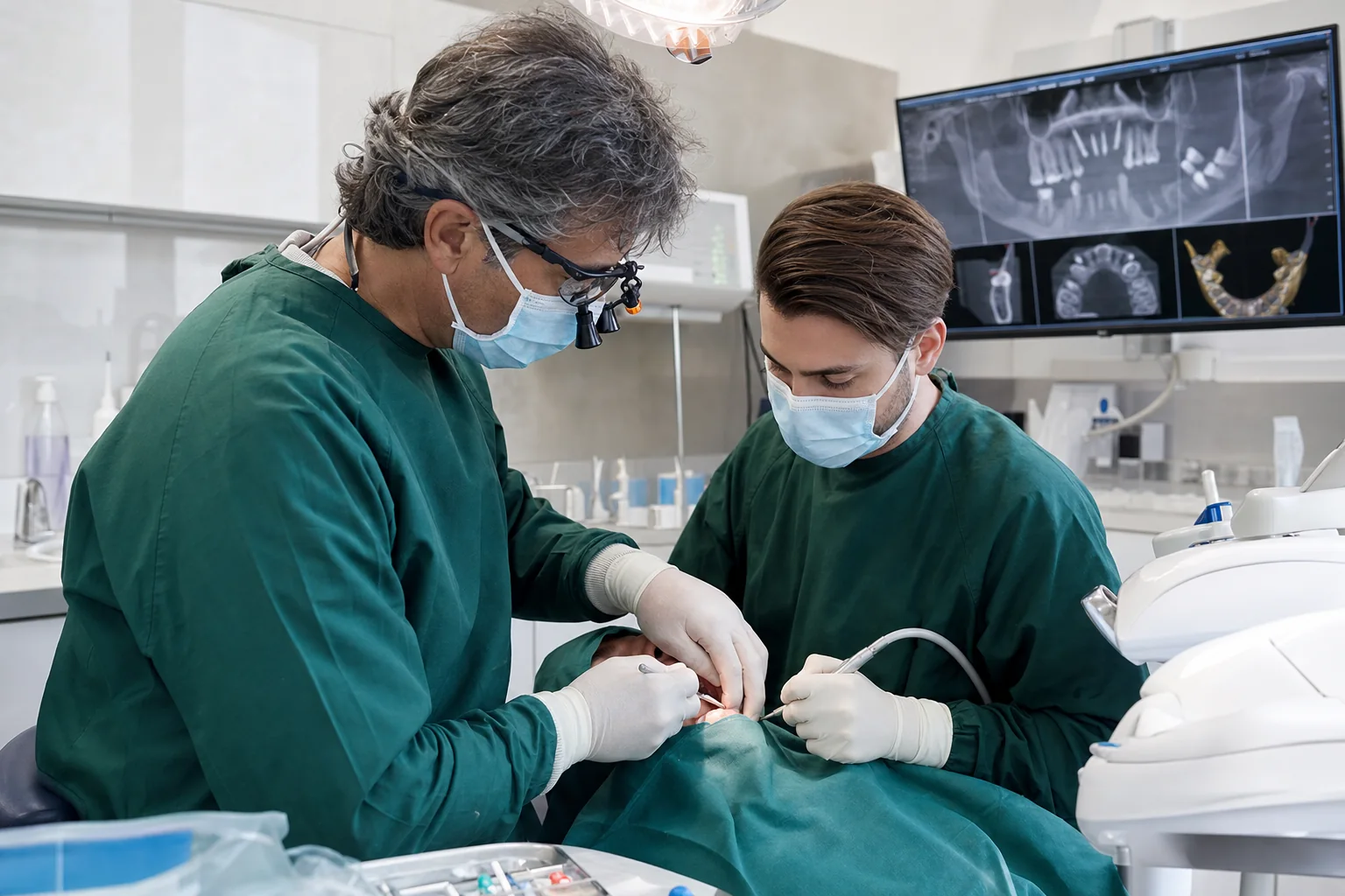 Illustration of an instructor supporting a dentist during implant training